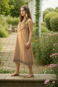 Vestido Maxi Boho de Algodón Khadi con Bordado Geométrico Tribal, Espalda Descubierta, Vestido Largo, Ropa de Resort de Algodón Orgánico Ecológico - Product Image 3