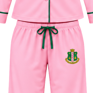 Conjunto de Pijama Rosa para Mujer con Ribete Verde y Escudo Bordado, Camisa de Manga Larga con Botones y Pantalones a Juego con Cordón Ajustable, Suave - Product Image 4