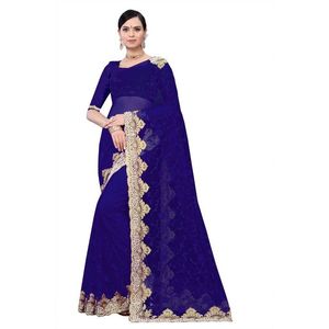 FILET DE SOIRÉE TRAVAIL DIAMANT SAREE AVEC BLOUSE SANS COUTURE BLEU - Product Image 1
