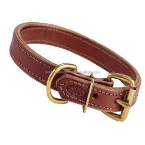 Collier en cuir marron durable avec logo personnalisé collier pour chien cousu entièrement à double pli avec boucle ardillon à rouleau en laiton plaqué anneau en D - Product Image 2