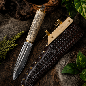 Couteau Viking artisanal, lame en acier carbone nordique, manche en os, étui en cuir, couteau Viking pour l'extérieur - Product Image 1