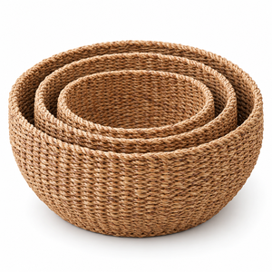 Customizable Eco-Friendly <b>Seagrass</b> Diamond Woven <b>Storage</b> <b>Basket</b> Set 3 Piece Round <b>Baskets</b> with Handles for Home Organization - Product Image 2