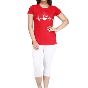 Camiseta de Verano de Manga Corta con Cuello Redondo Roja para Mujer, Estampado Personalizado de Mariposa y Latido de Corazón, Corte Regular, Informal, Tejido Acrílico de Secado Rápido - Product Image 6
