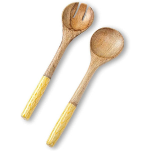 Juego de servidores de ensalada de madera de olivo hechos a mano con mango de resina ecológica, cuchara y tenedor de servicio premium para uso en la cocina del hogar moderno. - Product Image 6
