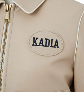 Custom Logo <b>women's</b> Cropped Bomber <b>Jacket</b> Almond Beige Faux Leather <b>Utility</b> <b>Jacket</b> with Front Flap Pockets and Contrast Piping - Product Image 5