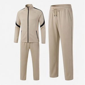Survêtement beige pour homme, manches longues, col montant, fermeture éclair sur le devant, vêtements de sport décontractés avec poches latérales, tenue d'automne - Product Image 1