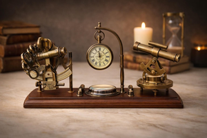 Ensemble d'horloges de bureau nautiques vintage avec sextant et télescope en laiton, instrument décoratif de table maritime, affichage de luxe - Product Image 6