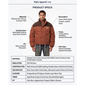 Custom Men's Boxy <b>Cropped</b> Canvas <b>Puffer</b> <b>Jacket</b> Vintage Corduroy Yoke 700-Fill Down Winter Coat OEM Sialkot Factory Wholesale - Product Image 5