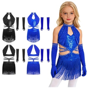 Traje de Danza Salsa Samba <span class=keywords><strong>con</strong></span> Lentejuelas y Flecos, Profesional, <span class=keywords><strong>con</strong></span> Cuello Halter, Aberturas y Tirantes Brillantes para Niñas - Product Image 1