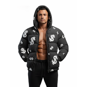 เสื้อแจ็คเก็ตพัฟเฟอร์มีฮู้ดลายดอลลาร์สีดำสำหรับผู้ชาย เสื้อโค้ทกันหนาวแฟชั่นสตรีทแวร์ เสื้อคลุมกันหนาวขายส่ง - Product Image 1