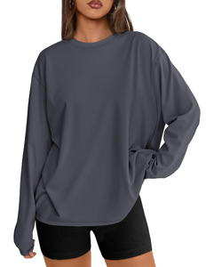 Camiseta de Manga Larga para Mujer, 100% Algodón, Cuello Redondo, Informal, Básica, con Logotipo Personalizado, Lisa, Blanca, a la Moda, OEM, ODM - Product Image 1
