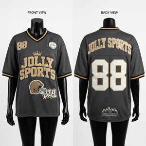 Camiseta de fútbol femenina premium de poliéster GSM con malla gris oscuro, paneles dorados y blancos, diseño personalizado con logo termoadhesivo. Camiseta de fútbol para mujer. - Product Image 1