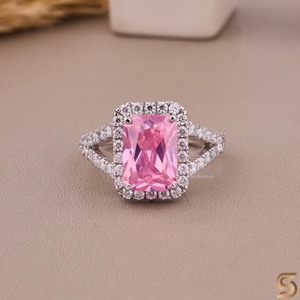 14K Solid Gold Pink Radiant Cut <b>Ring</b> Halo Moissanite <b>Split</b> Shank Engagement <b>Ring</b> Vintage Bridal Promise <b>Ring</b> By Satani Brothers - Product Image 1
