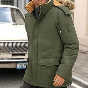 Veste d'hiver thermique pour homme avec logo personnalisé disponible en gros, directement de l'usine, manteau d'hiver pour homme avec capuche en fausse fourrure - Product Image 3