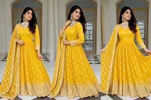 Ensemble prêt-à-porter en georgette de renard, robe évasée de 3 mètres avec broderie de sequins de 5 mm, pantalon en soie beurre épaisse, tenue de mariage indienne - Product Image 4