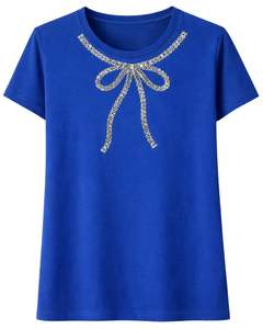 Camiseta de Algodón Azul Personalizada para Mujer con Diseño de Lazo de Diamantes de Imitación, Manga Corta, Cuello Redondo, Top Casual de Moda para Mujer, Venta al por Mayor OEM Personalizada - Product Image 1
