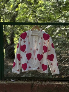 Women's Quilted Velvet <b>Jacket</b> With Heart Applique And Cross Embroidery Pattern Stand Collar Full Sleeve Spring Wear - Product Image 3