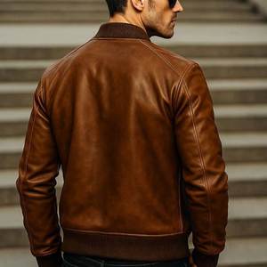 Men's <b>Vintage</b> Brown Genuine Leather Bomber Jacket <b>Stand</b> Collar Zip Up <b>Coat</b> - Product Image 6