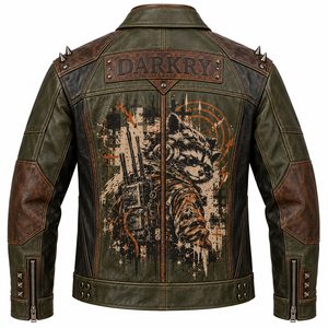 Chaqueta de Cuero Genuino Verde Oliva para Hombre, Estilo Motero con Tachuelas, Estampado Gráfico de Mapache, Abrigo con Tachuelas, Fabricante OEM ODM, Exportación a Granel - Product Image 2