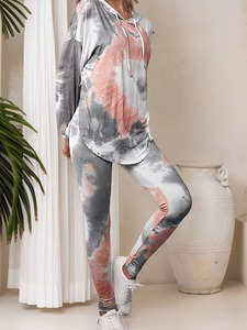 Womens <b>Tie</b> <b>Dye</b> Hoodie Tracksuit | High Low Side Slit Pullover & Leggings <b>Set</b> | Two Piece Stretch Loungewear Gym Co Ord Suit - Product Image 1