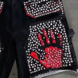 Glory Street Designer Jeans Distressed Embroidered <b>Patch</b> Custom <b>Men's</b> Hip Hop Diamond Crystal Rhinestone Denim <b>Shorts</b> - Product Image 4