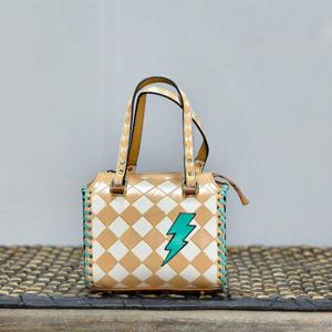 Sac Speedy avec motif à carreaux et design éclair bleu turquoise, sac à main en cuir de luxe - Product Image 1