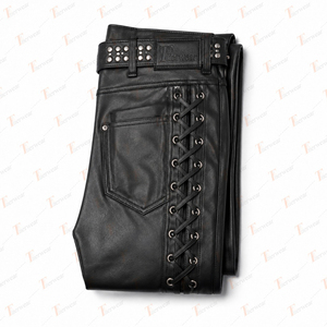 Pantalon moto en cuir PU noir pour homme, taille haute, à lacets, avec rivets latéraux, style motard, coupe droite, pour l'automne - Product Image 5