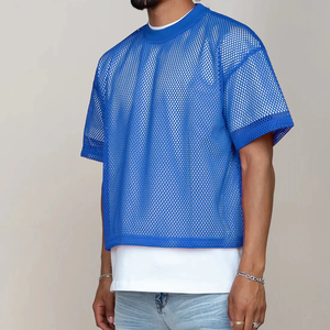Camiseta de Manga Corta con Cuello Redondo para Hombre, Azul, de Malla, Corte Holgado, Informal, Tejida, Transpirable, de Color Sólido, Largo Regular, Spandex/Algodón - Product Image 3