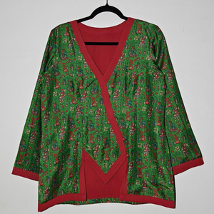 Women's Tussar <b>Silk</b> Jacket | Kalamkari Inspired Print, <b>Red</b> Border Wrap Style - Product Image 2