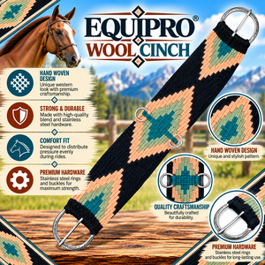 EQUIPO: Cinturón de cuero y lana para caballo con diseño geométrico, ajustable, con anillas metálicas, hecho en India, disponible en negro, rosa y verde azulado. - Product Image 2
