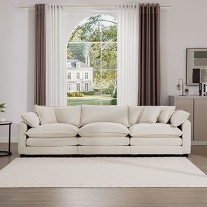 Divano Sezionale a 3 Posti Stile Mid-Century Moderno in Tessuto Corduroy Beige Chiaro con 2 Braccioli e 3 Cuscini Decorativi per Soggiorno - Product Image 2