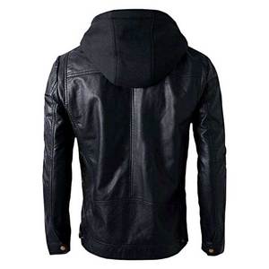 Men's Black PU Leather Hooded <b>Jacket</b> Moto <b>Biker</b> Style Zipper Closure Slim Fit Solid Color Autumn Wear - Product Image 4