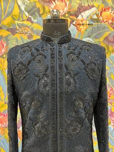 Sherwani formel pour homme, bleu prussien, orné de perles à la main, style indo-occidental, avec motifs floraux complexes et tissu en mélange de soie de qualité supérieure - Product Image 5