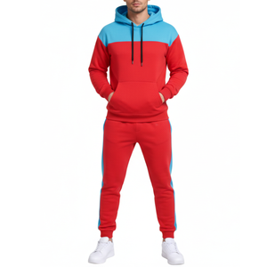 Conjunto Deportivo para Hombre al por Mayor, Dos Tonos, Azul Cielo y Rojo, Sudadera con Capucha y Pantalones, Dos Piezas, Ropa Deportiva Urbana - Product Image 1
