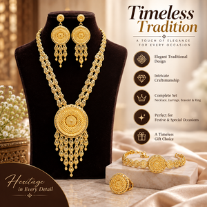 Luxury Long Ethnic Necklace <b>Set</b> with Designer Earrings Bracelet and Ring 24K Gold Finish Indian <b>Bridal</b> Wedding <b>Jewelry</b> for Women - Product Image 6