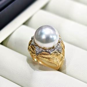 Anillo de Cóctel Unisex con Corte Octogonal, Piedra Natural, Perla de Agua Dulce, Engaste de Puntas, Geométrico, Estilo Hip Hop, Oro Sólido de 18K, Certificado IGI - Product Image 3