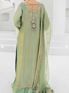 Salwar Kameez en satin de soie vert olive pour femmes, élégant, traditionnel indien pakistanais, tenue de mariage, longueur au sol, design brodé - Product Image 2