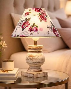 Rustic Whitewash Wood Table <b>Lamp</b> Floral Fabric Dome <b>Shade</b> Vintage Bedroom Bedside Night Light for <b>Small</b> Space - Product Image 1