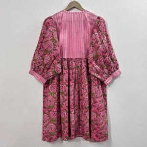 Vestido Casual Midi para Mujer, Tejido 100% Algodón, Liso, Manga Corta, Cintura Imperio, Estilo Babydoll, Cuello en V, Holgado, Funcional - Product Image 4