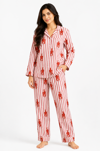 Conjunto de Pijama de Algodón a Rayas con Estampado de Cangrejo Rojo de Lujo para Mujer, Ropa de Dormir de Manga Larga, Ropa de Descanso Transpirable, Pijama de Alta Calidad - Product Image 2