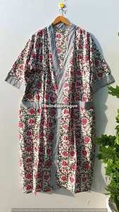 Robe kimono en coton à imprimé floral gris indien pour femmes, peignoir doux et confortable pour se détendre - Product Image 4