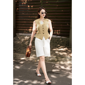 Women's <b>Beige</b> V-Neck Tailored <b>Waistcoat</b> With Buttons Elegant Solid Color Vest Regular Length Casual Style DELWYN - Product Image 4
