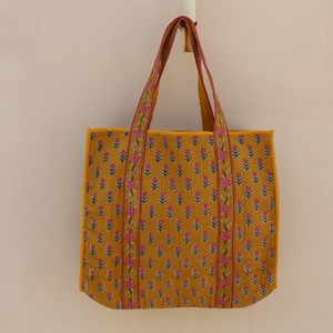 Luxury Quilted 100% Cotton Tote <b>Bag</b> Dual-Sided Floral Print <b>Medium</b> Shoulder Handle Long Reusable Shopping Travel <b>Bag</b> - Product Image 2