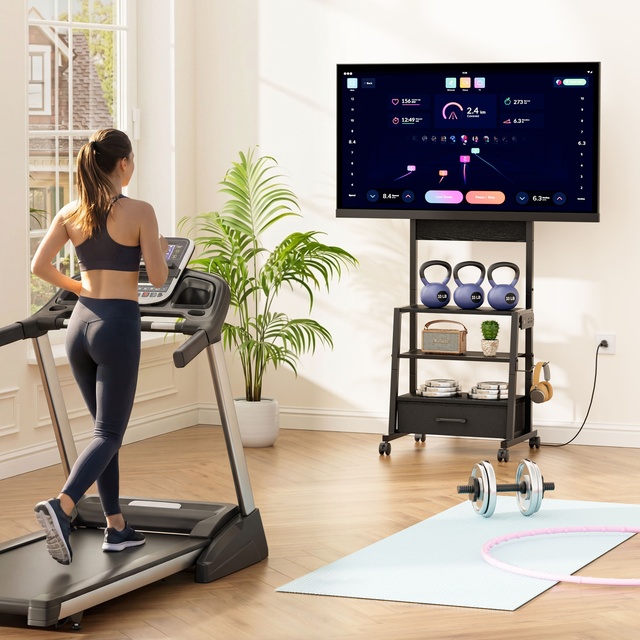 Mobile TV Stand with Power Outlets Storage Drawer Rolling Cart for TVs up to 55 Inches for Living Room Office Gym