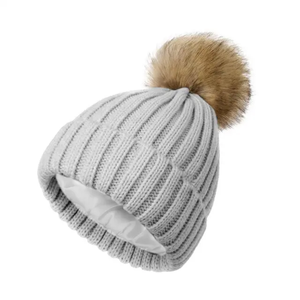Unisex Light Gray <b>Knitted</b> <b>Beanie</b> With Brown Pom Pom 100% Acrylic Winter Hat Casual Adult 56-58CM Handmade Outdoor Style - Product Image 1