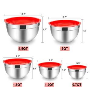 Set di Ciotole per Mescolare in Acciaio Inox con Coperchi, 5 Ciotole Impilabili da 4,5-0,7 QT, Ciotole in Metallo per Insalata - Product Image 5
