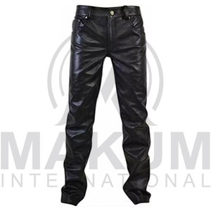 Pantalon en cuir noir pour homme, taille haute, coupe droite, style motard, fermeture boutonnée, pour l'hiver - Product Image 2