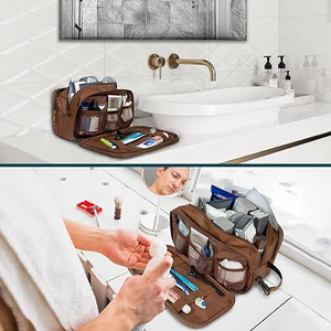 Leather <b>Cosmetic</b> <b>Case</b> Medium Size Zipper Closure Multi Function Classic Style Travel Toiletries Organizer Bag - Product Image 4