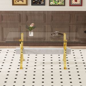 Modern Gold Plated Metal Legs Large Gray MDF Crossbars Tempered Glass <b>Dining</b> <b>Table</b> with Office <b>Desk</b> Features - Product Image 3