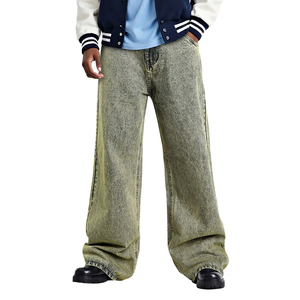 Jean en denim streetwear à jambe large, taille haute, coupe ample, en coton, pour homme, couleur unie, style automne - Product Image 4